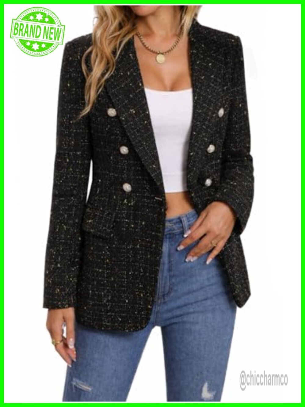 Tweed Plaid Blazer Double Breasted Business Casual Coat Women's